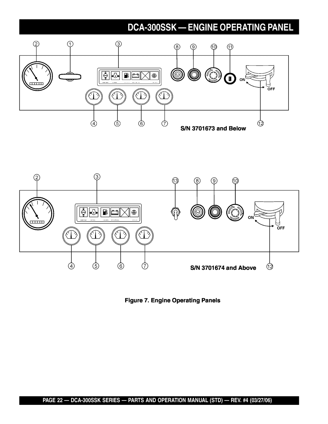 Multiquip DCA-300SSK - ENGINE OPERATING PANEL, S/N 3701673 and Below S/N 3701674 and Above, Engine Operating Panels 