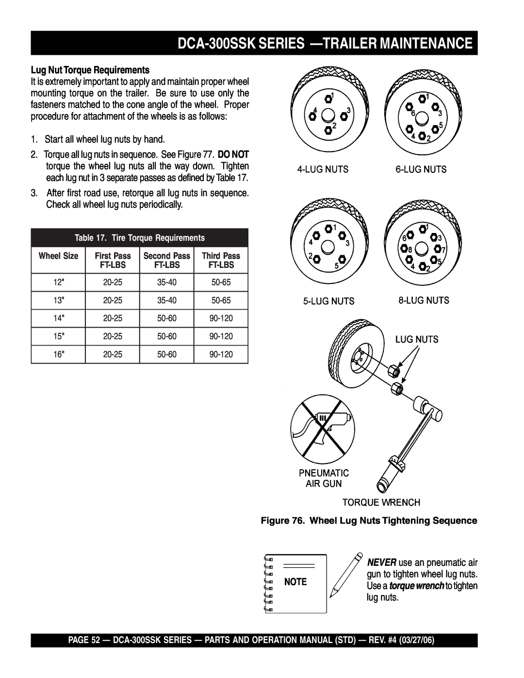 Multiquip manual DCA-300SSK SERIES -TRAILER MAINTENANCE, Lug Nut Torque Requirements, Wheel Lug Nuts Tightening Sequence 