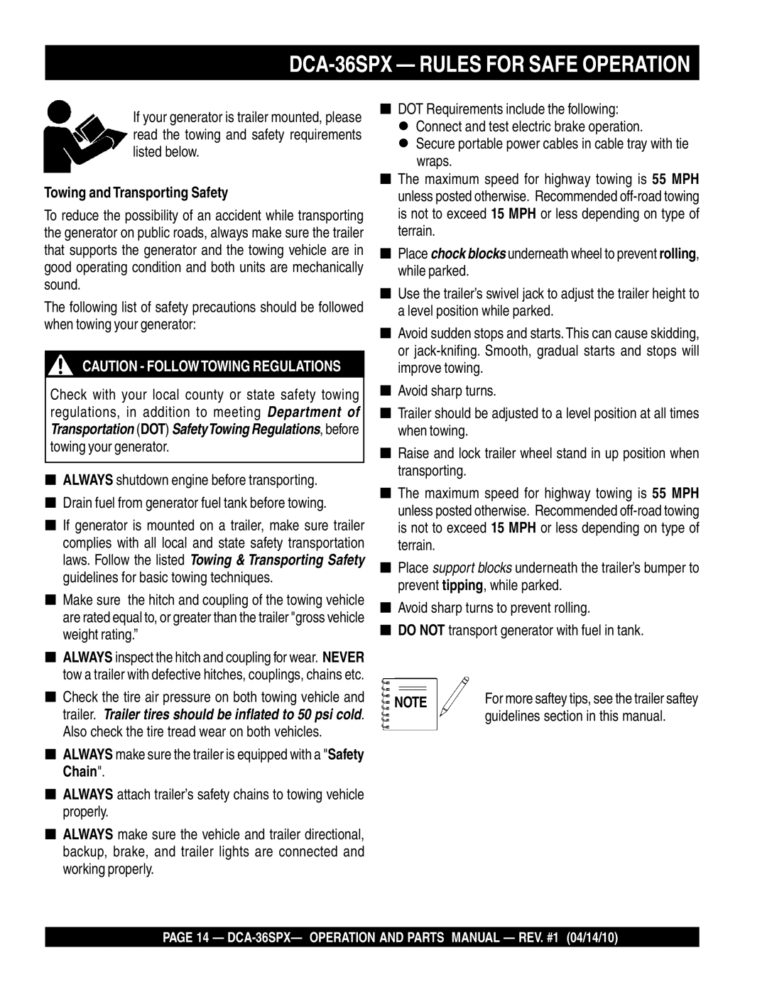 Multiquip DCA-36SPX operation manual Towing and Transporting Safety, Guidelines section in this manual 