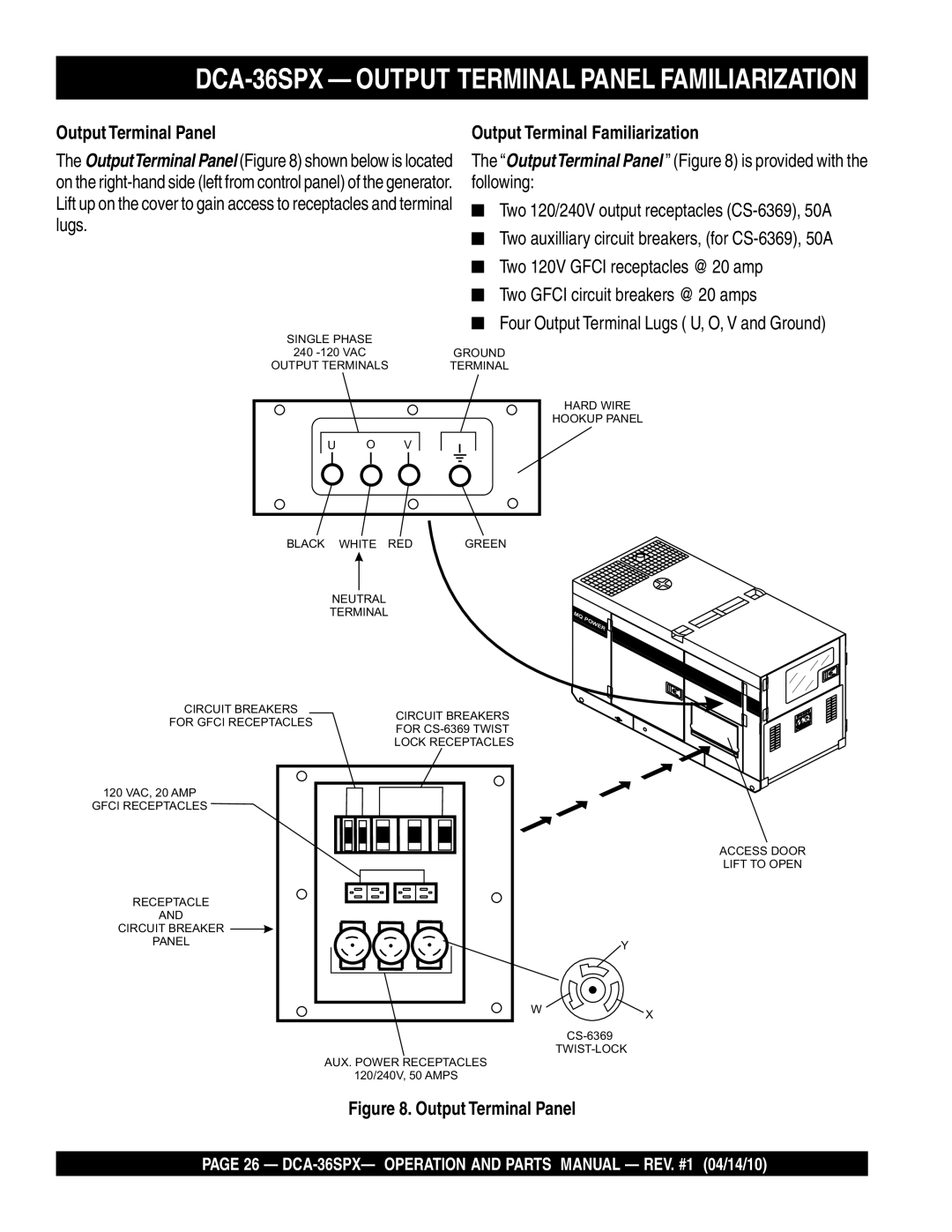 Multiquip operation manual DCA-36SPX Output Terminal Panel Familiarization, Output Terminal Familiarization 