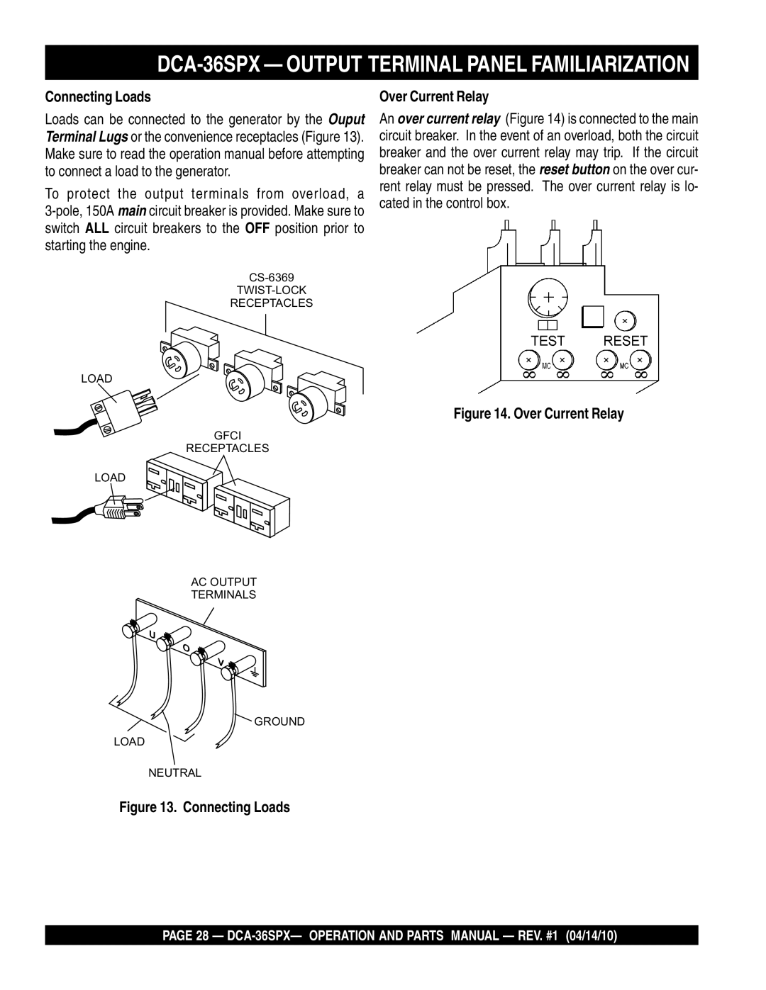 Multiquip DCA-36SPX operation manual Connecting Loads, Over Current Relay 