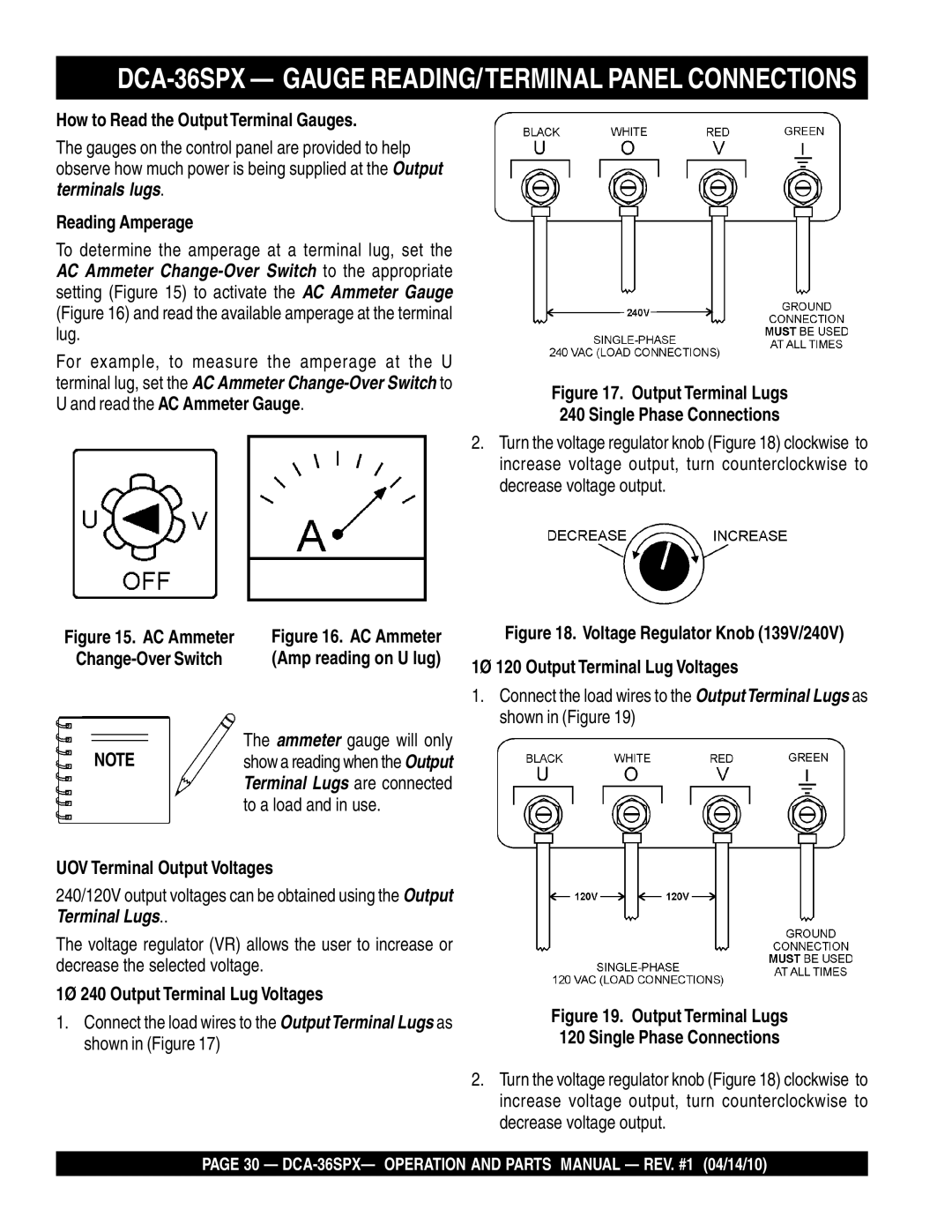 Multiquip operation manual DCA-36SPX Gauge READING/TERMINAL Panel Connections 