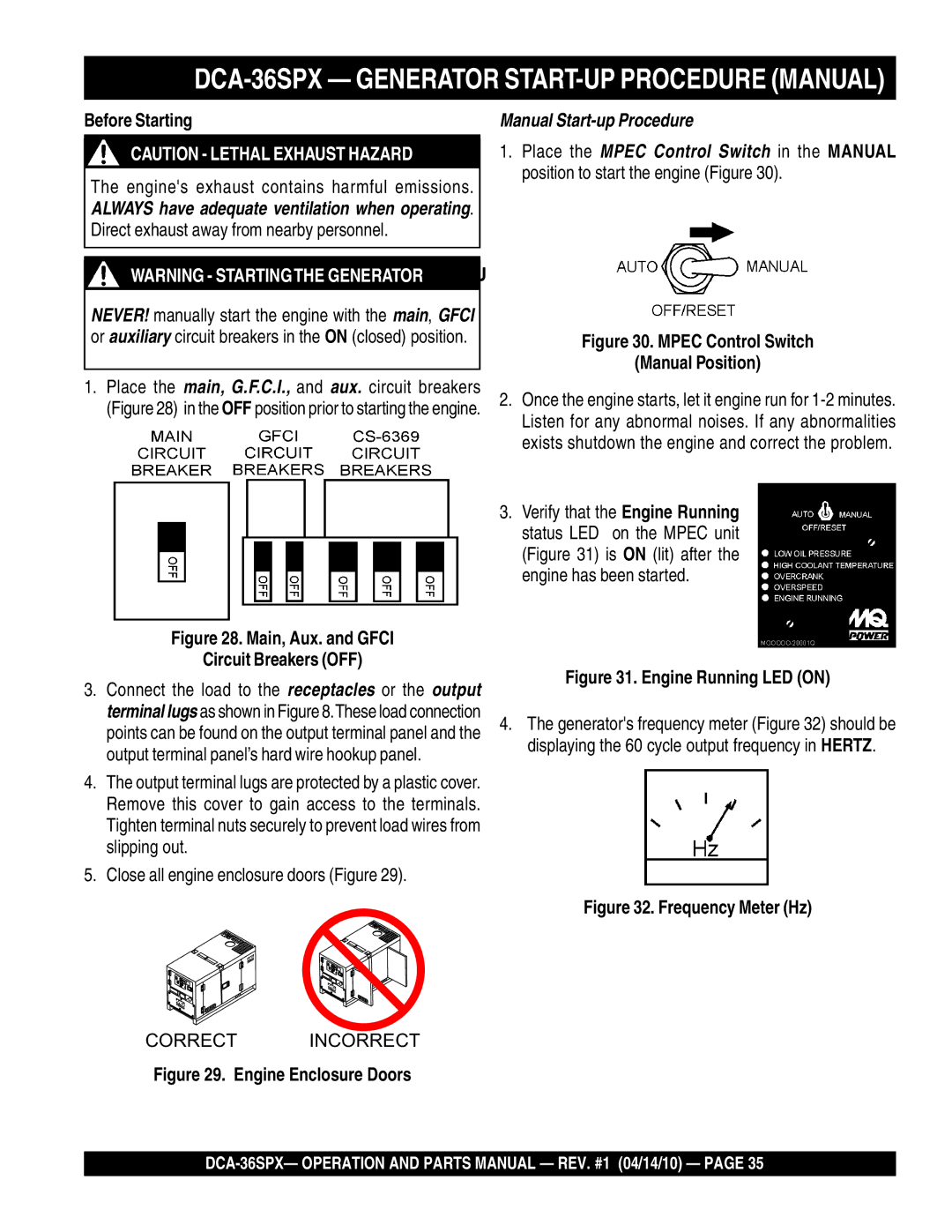 Multiquip DCA-36SPX Generator START-UP Procedure Manual, Before Starting, Close all engine enclosure doors Figure 