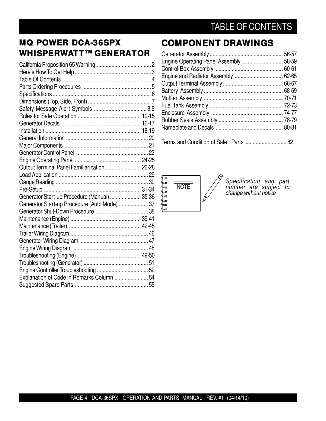 Multiquip DCA-36SPX operation manual Table of Contents 