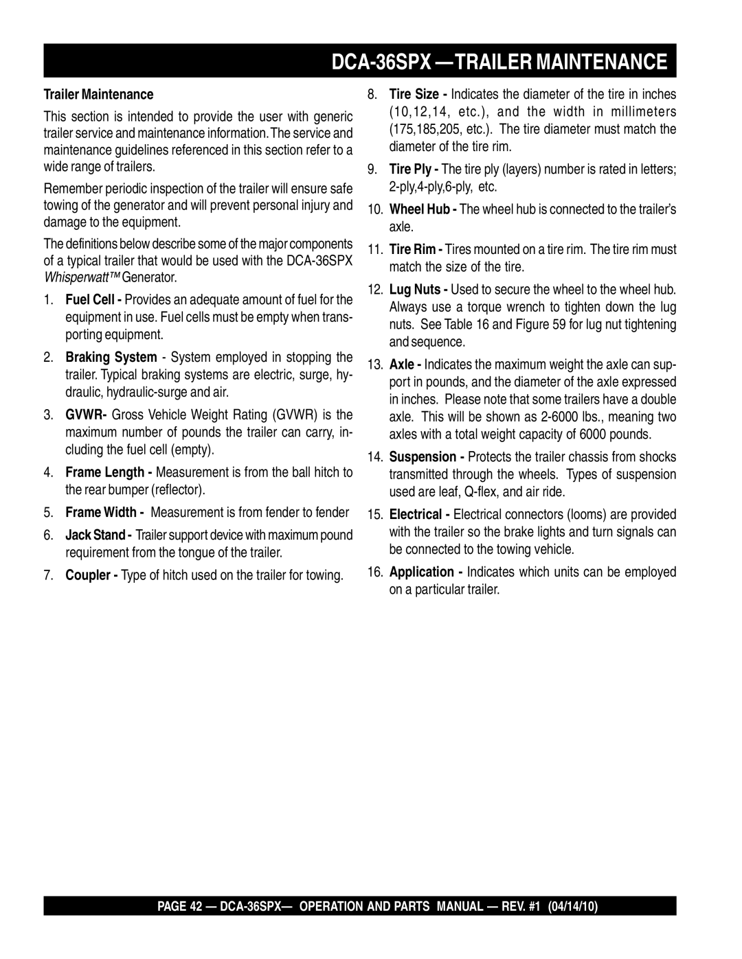 Multiquip operation manual DCA-36SPX -TRAILER Maintenance, Trailer Maintenance 