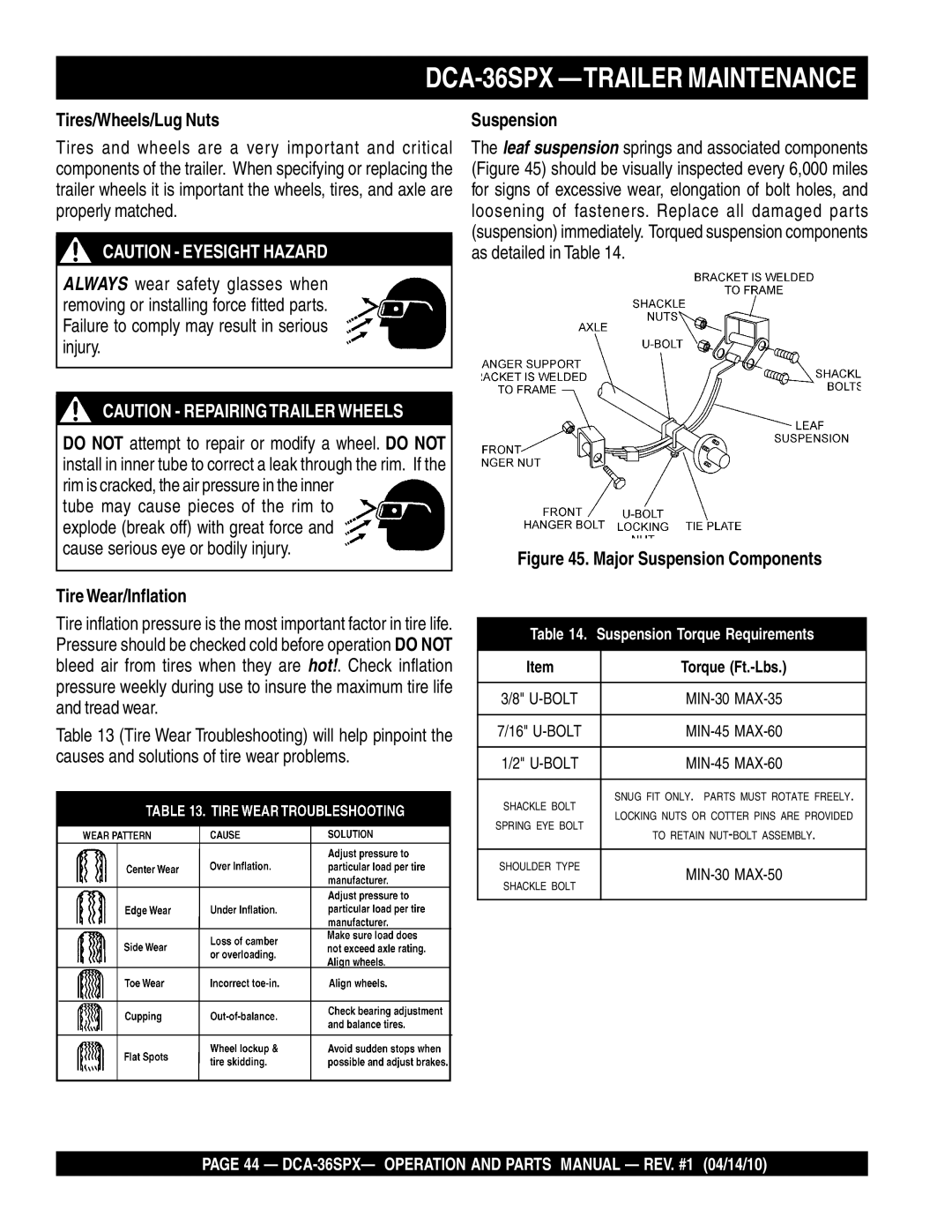 Multiquip DCA-36SPX operation manual Tires/Wheels/Lug Nuts, TireWear/Inflation, Suspension 