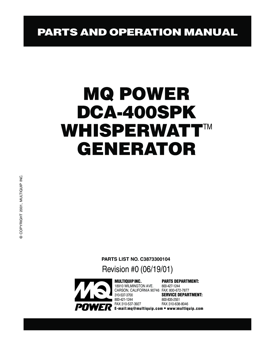 Multiquip operation manual MQ Power DCA-400SPK Whisperwatttm Generator 