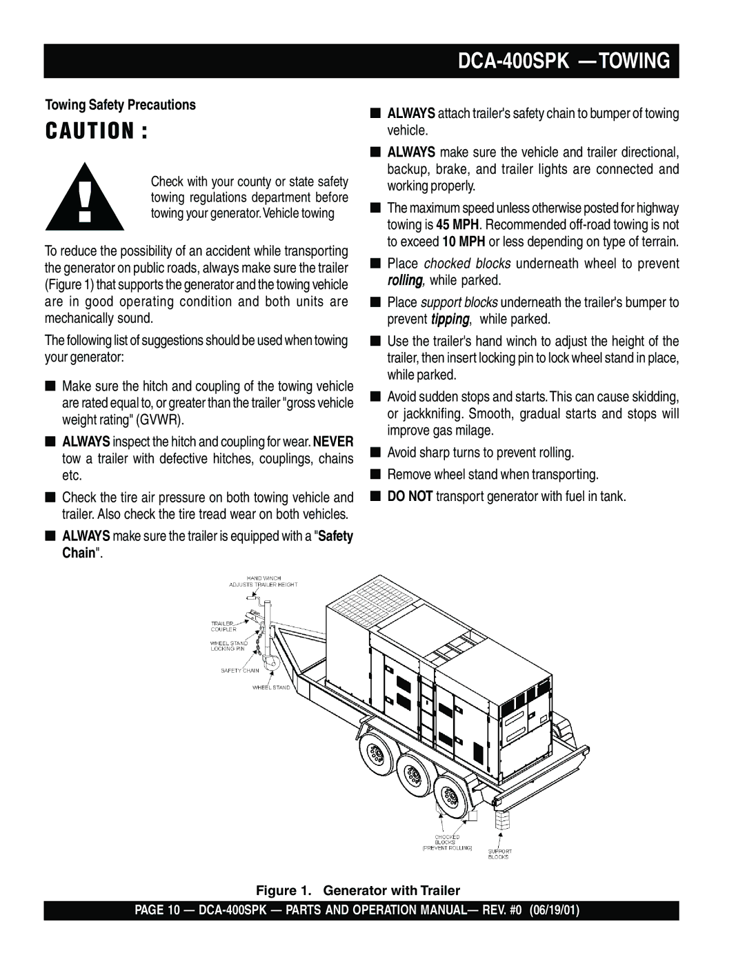 Multiquip operation manual DCA-400SPK -TOWING, Towing Safety Precautions 