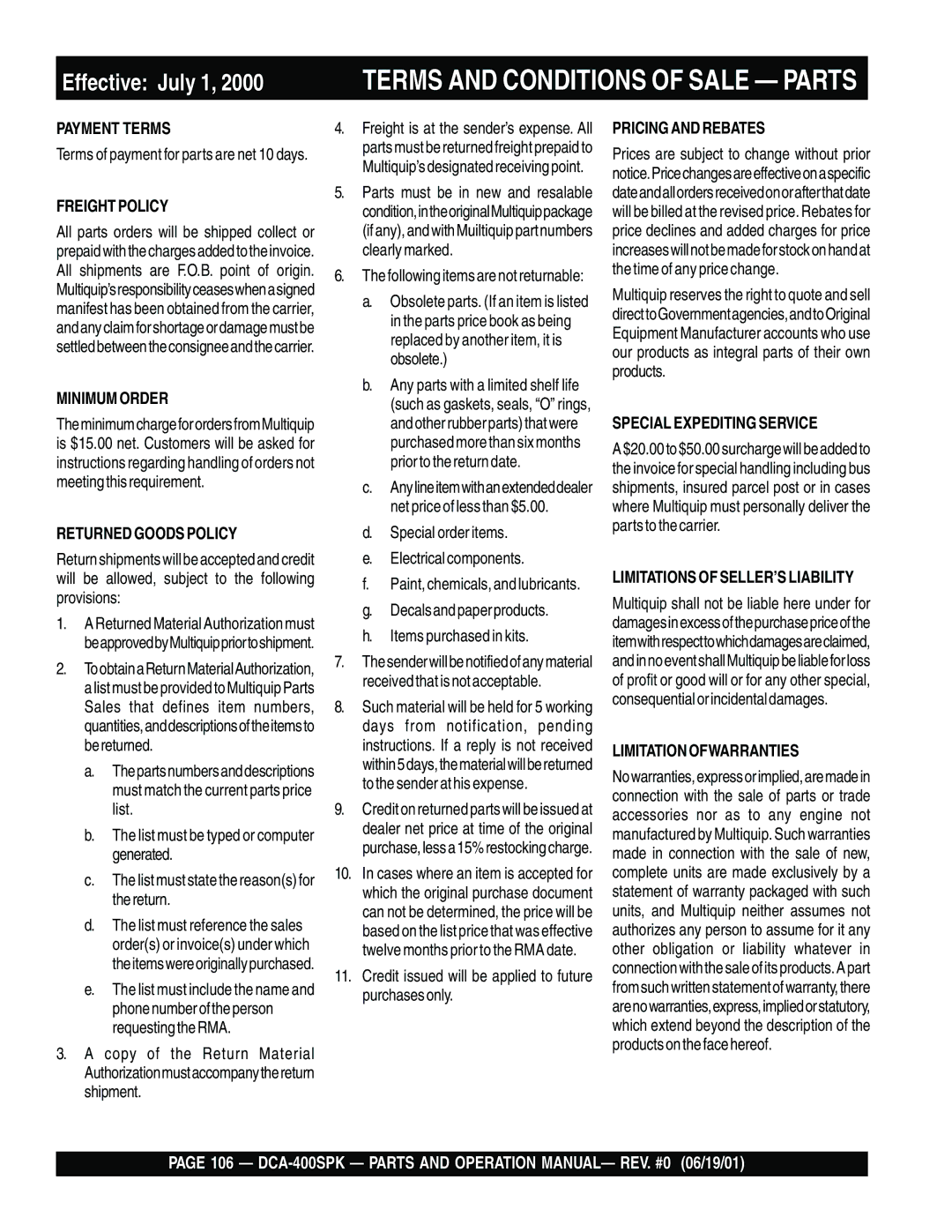 Multiquip DCA-400SPK operation manual Effective July 1 