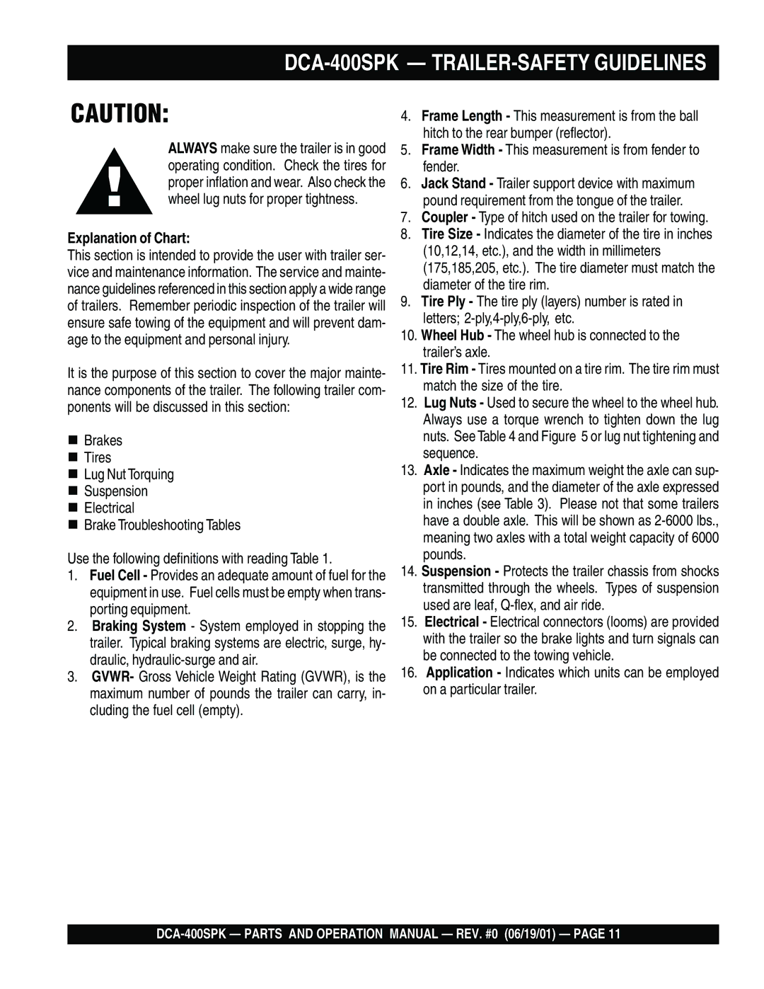 Multiquip operation manual DCA-400SPK TRAILER-SAFETY Guidelines, Explanation of Chart 