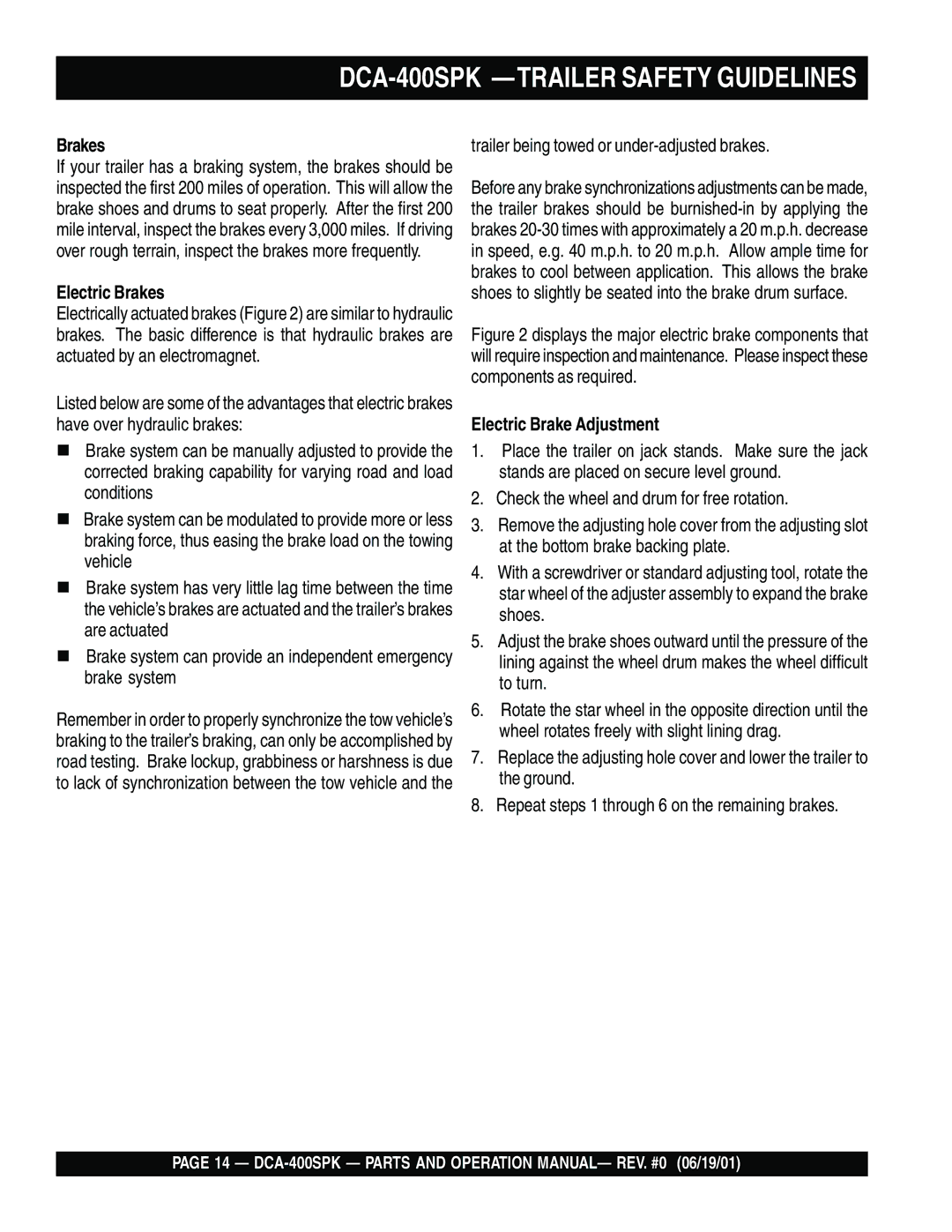 Multiquip DCA-400SPK operation manual Electric Brakes, Electric Brake Adjustment 