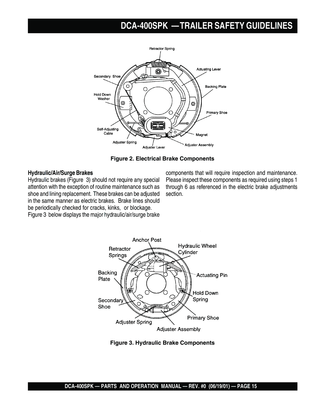 Multiquip operation manual DCA-400SPK -TRAILER Safety Guidelines, Hydraulic/Air/Surge Brakes 