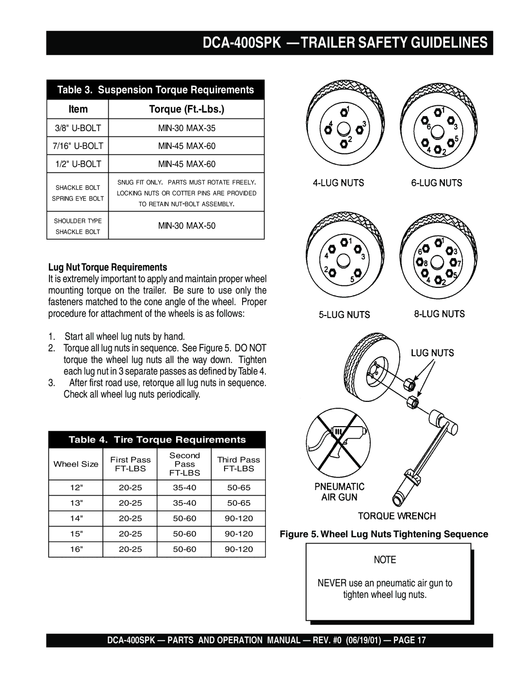 Multiquip DCA-400SPK operation manual Torque Ft.-Lbs, Lug Nut Torque Requirements 