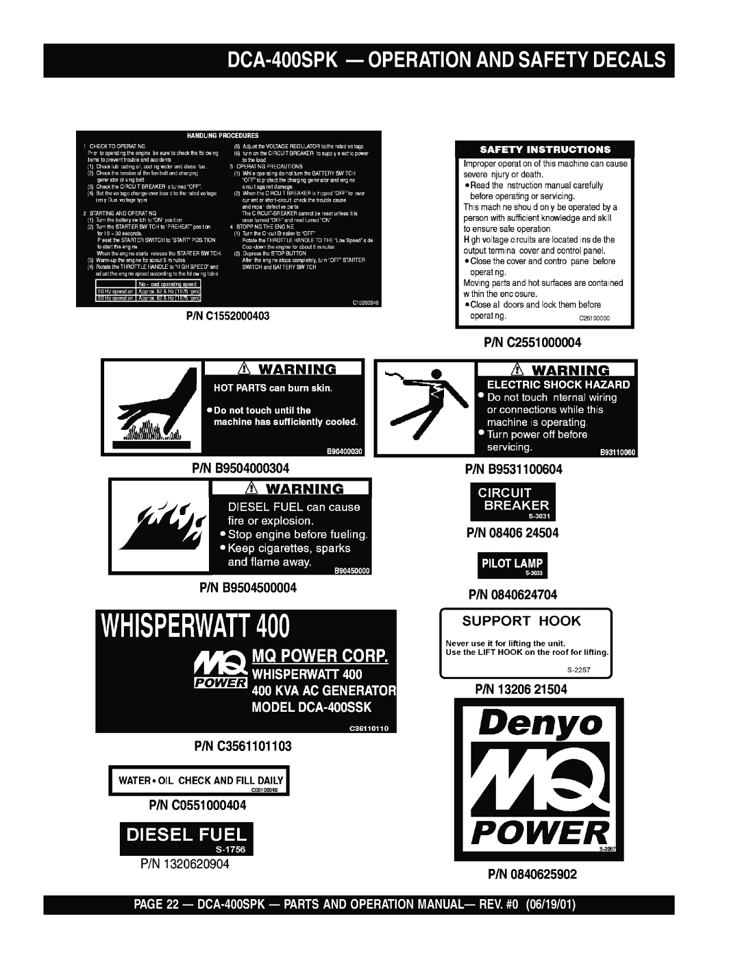 Multiquip operation manual DCA-400SPK Operation and Safety Decals 