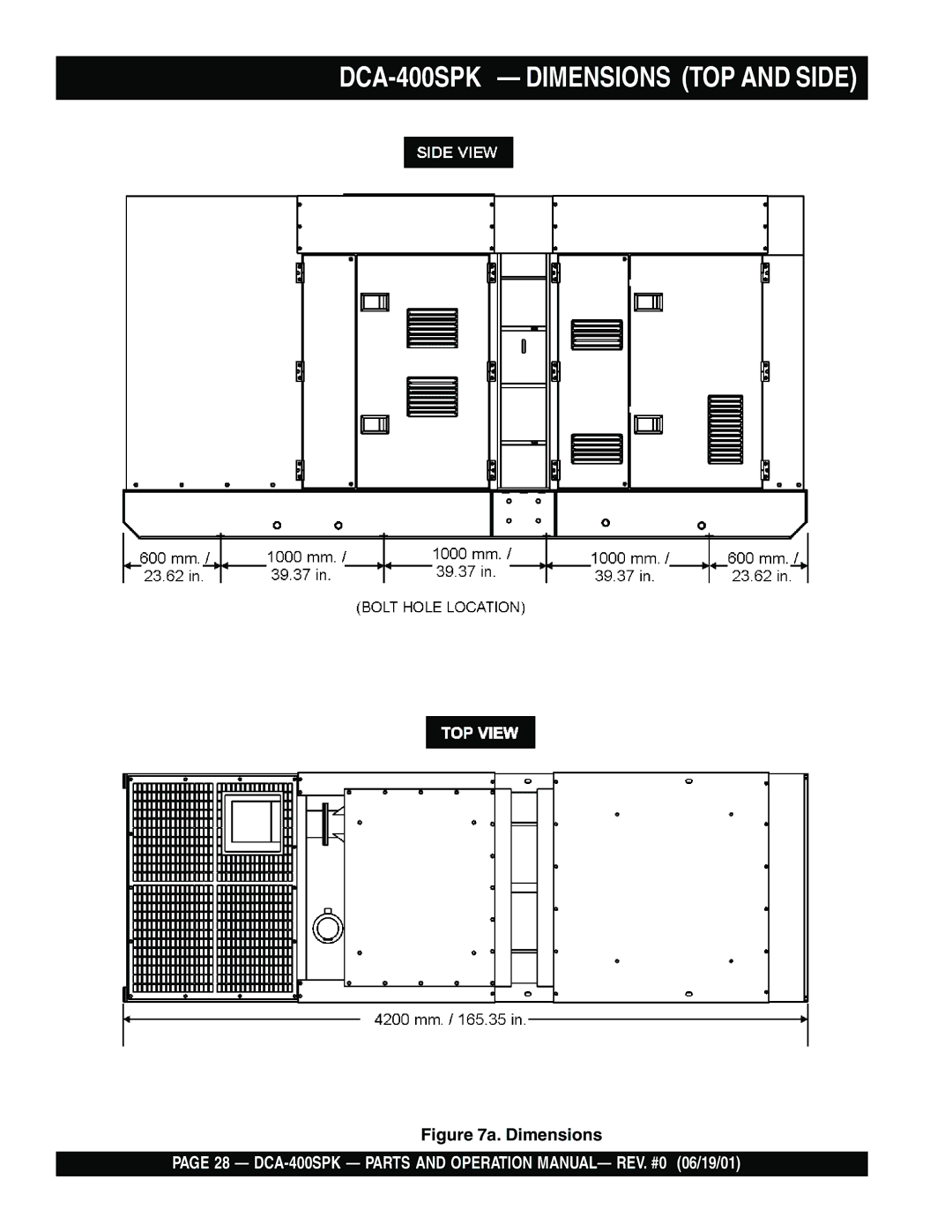 Multiquip operation manual DCA-400SPK Dimensions TOP and Side 