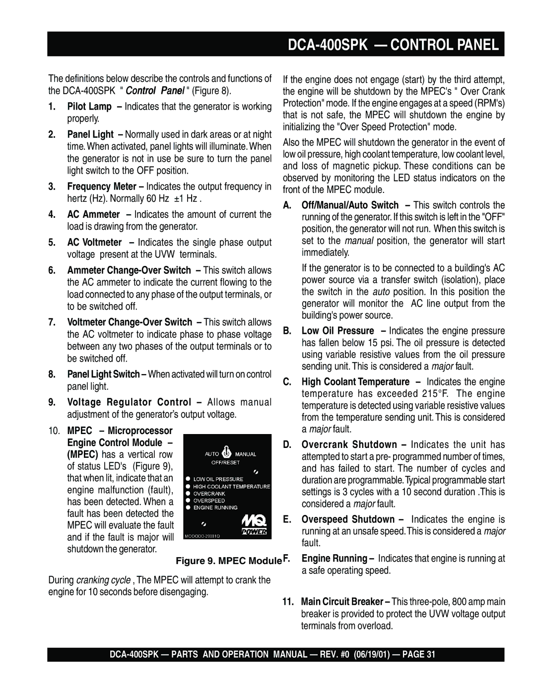 Multiquip DCA-400SPK operation manual Voltage Regulator Control Allows, Mpec Microprocessor, Engine Control Module 