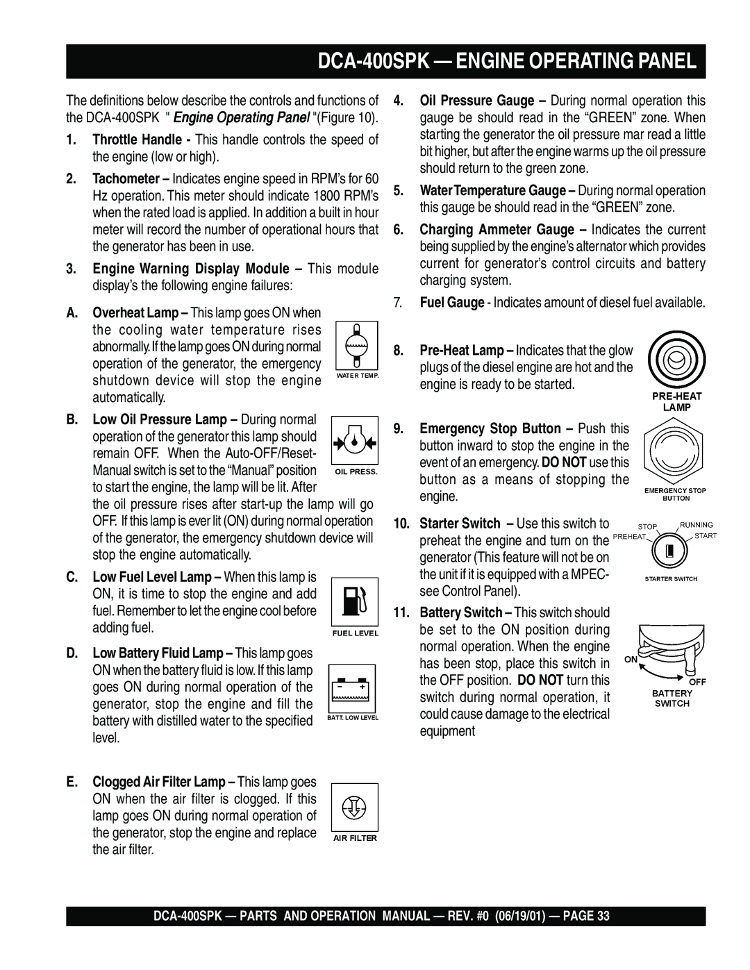 Multiquip operation manual DCA-400SPK Engine Operating Panel 