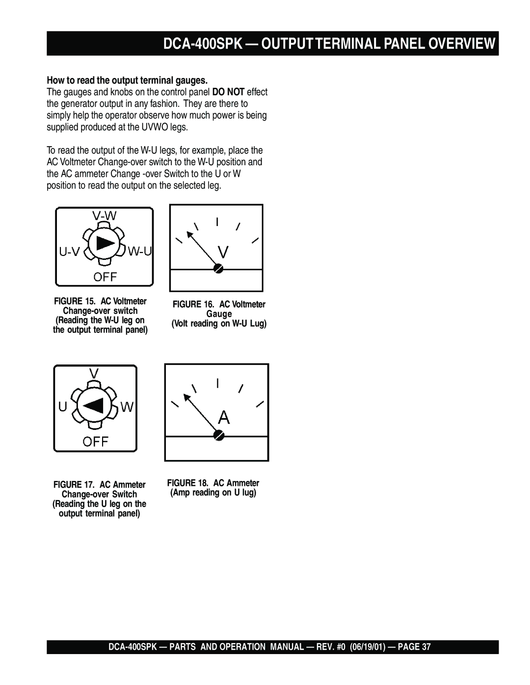 Multiquip operation manual DCA-400SPK Outputterminal Panel Overview, How to read the output terminal gauges 