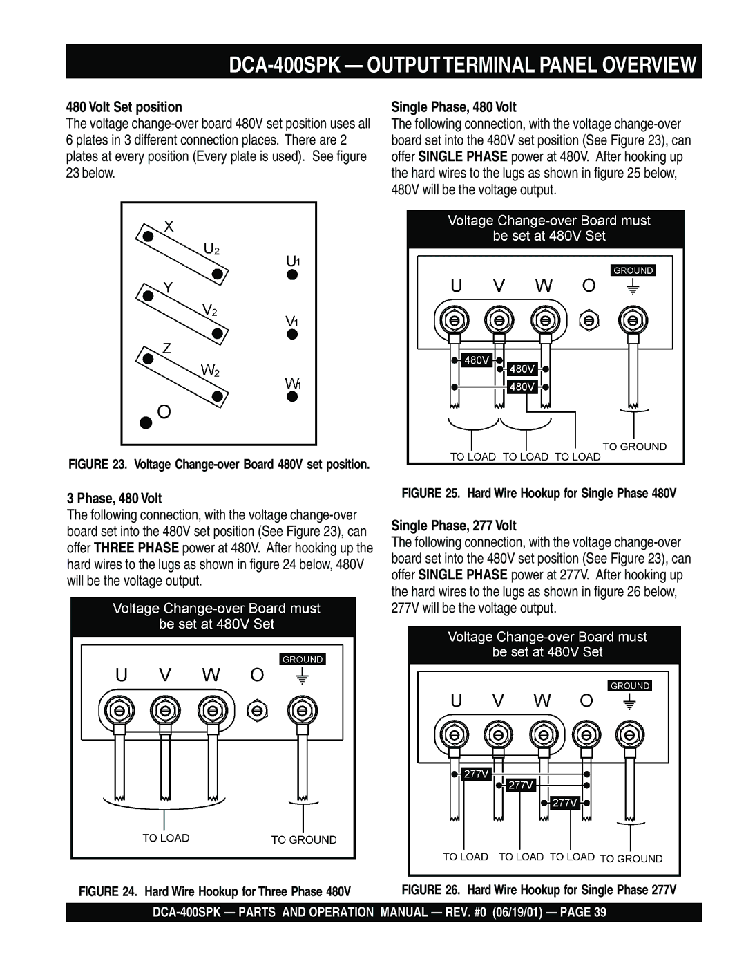 Multiquip DCA-400SPK operation manual Single Phase, 480 Volt, Single Phase, 277 Volt 