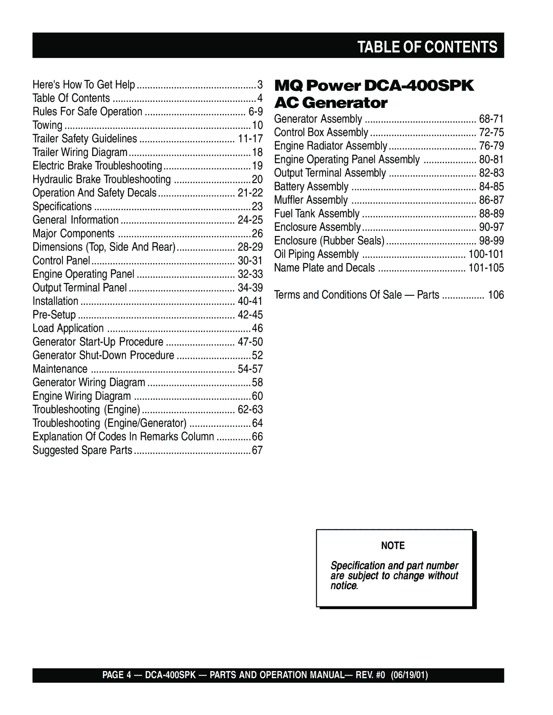 Multiquip DCA-400SPK operation manual Table of Contents 