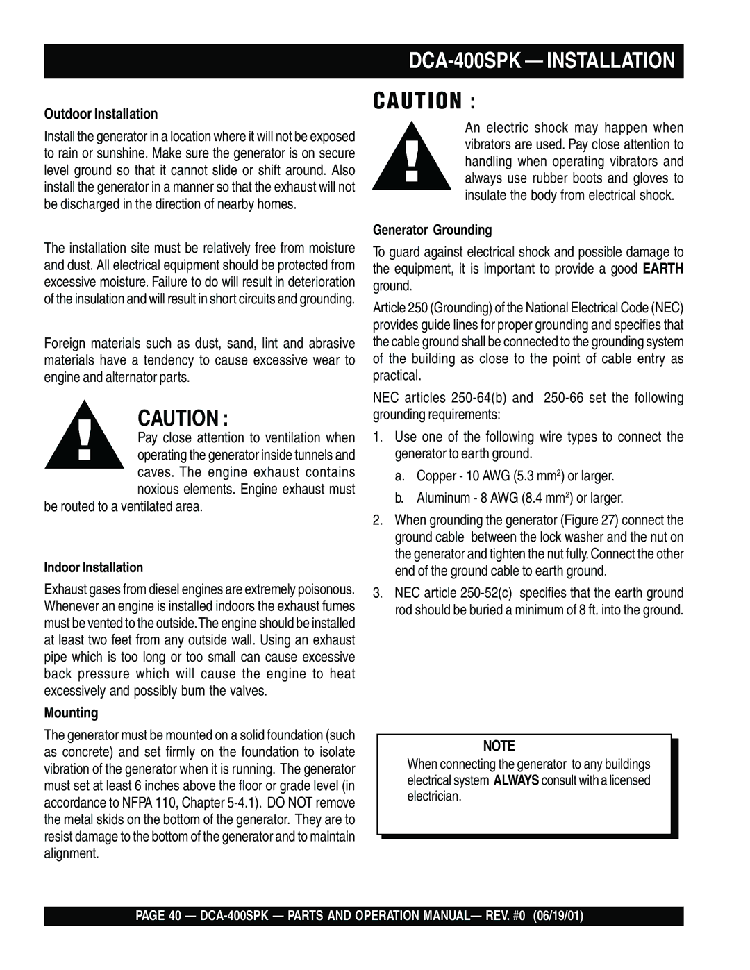 Multiquip operation manual DCA-400SPK Installation, Outdoor Installation, Mounting 