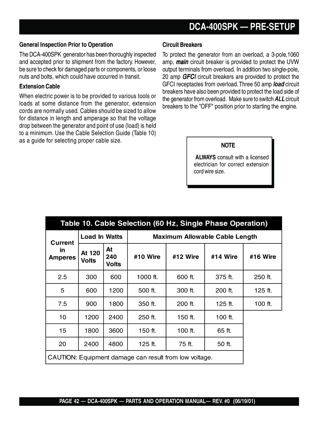 Multiquip operation manual DCA-400SPK PRE-SETUP, General Inspection Prior to Operation, Extension Cable 