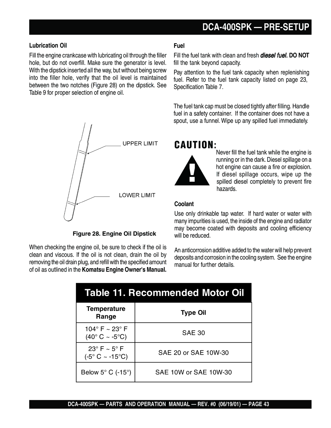 Multiquip DCA-400SPK operation manual Lubrication Oil, Fuel, Coolant, Type Oil 