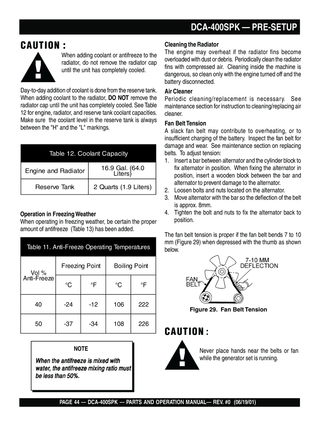 Multiquip DCA-400SPK operation manual Operation in Freezing Weather, Cleaning the Radiator, Air Cleaner, Fan Belt Tension 