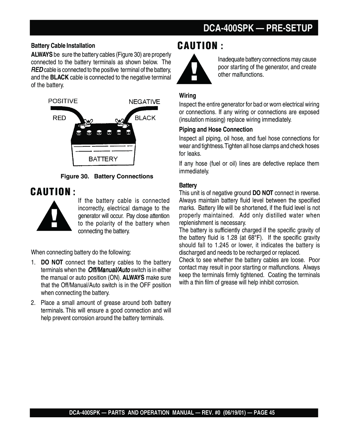 Multiquip DCA-400SPK operation manual Battery Cable Installation, Wiring, Piping and Hose Connection 