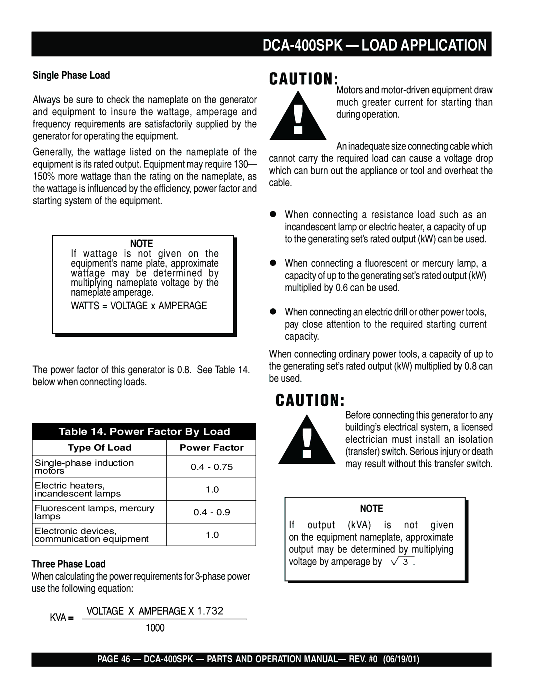 Multiquip DCA-400SPK operation manual Single Phase Load, Three Phase Load 