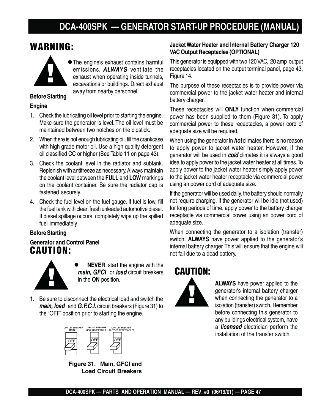 Multiquip DCA-400SPK operation manual Before Starting Engine, Before Starting Generator and Control Panel 