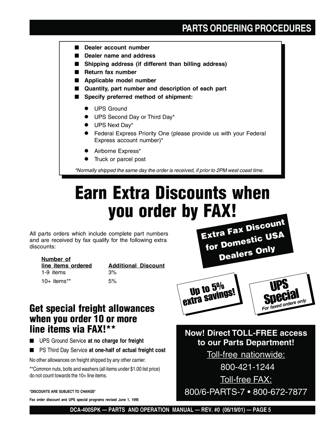 Multiquip DCA-400SPK operation manual Earn Extra Discounts when You order by FAX, Parts Ordering Procedures 