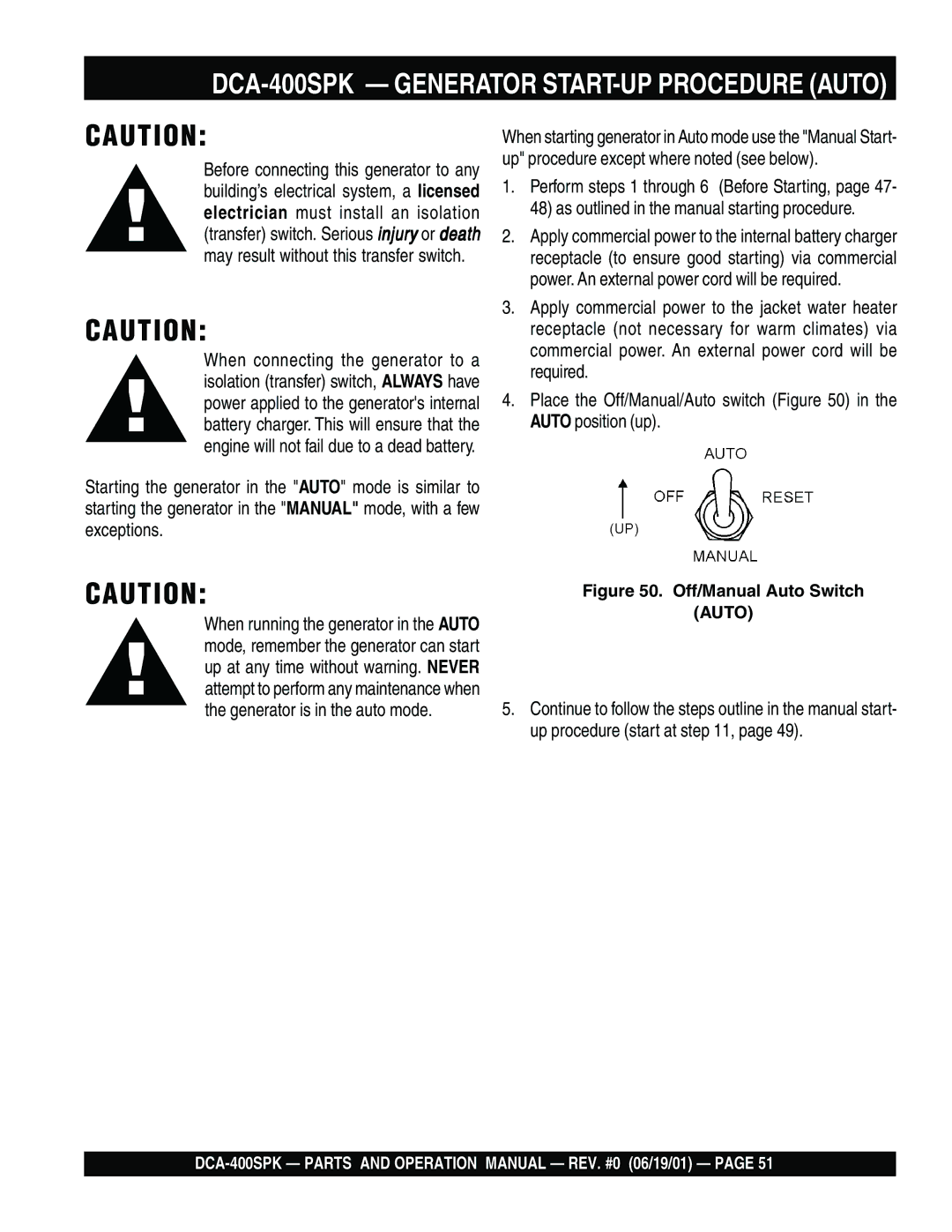 Multiquip operation manual DCA-400SPK Generator START-UP Procedure Auto 