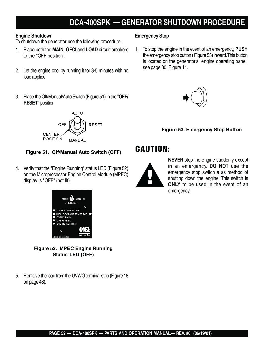 Multiquip operation manual DCA-400SPK Generator Shutdown Procedure, Engine Shutdown, Emergency Stop 