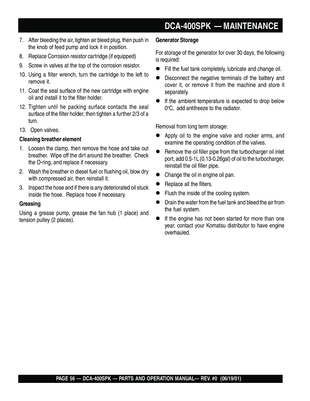 Multiquip DCA-400SPK operation manual Cleaning breather element, Greasing, Generator Storage 