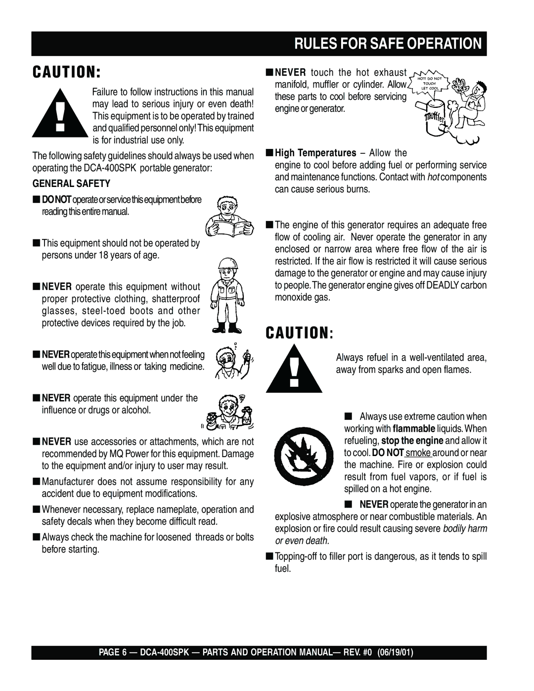 Multiquip DCA-400SPK operation manual Rules for Safe Operation, High Temperatures Allow 