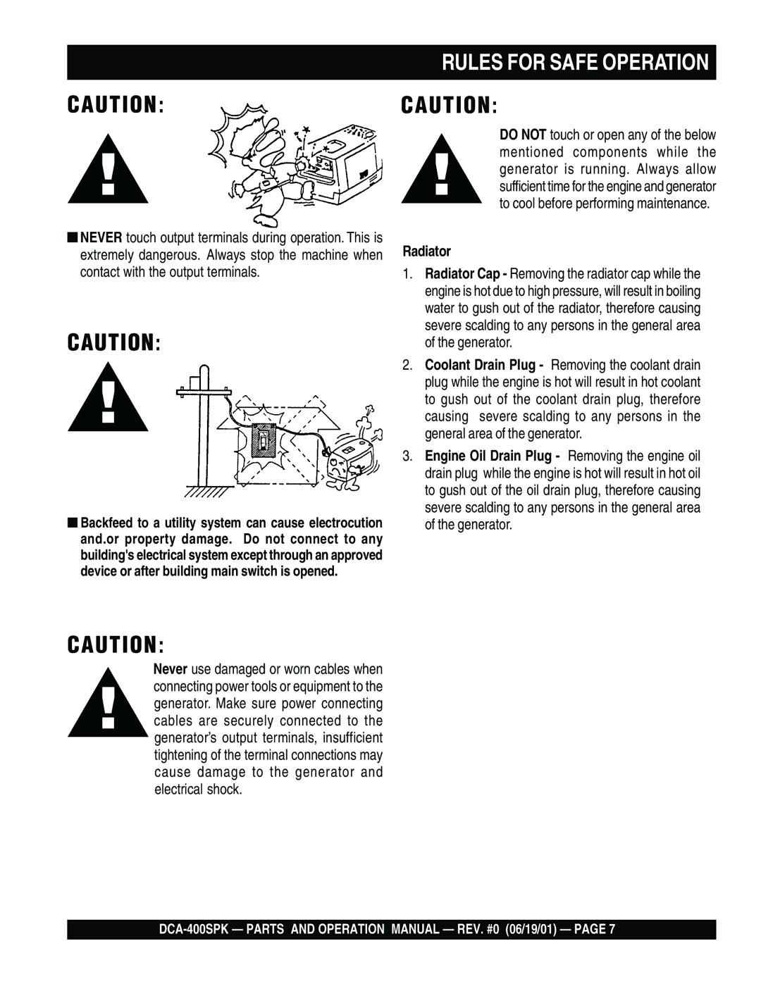 Multiquip DCA-400SPK operation manual Rules for Safe Operation, Radiator 