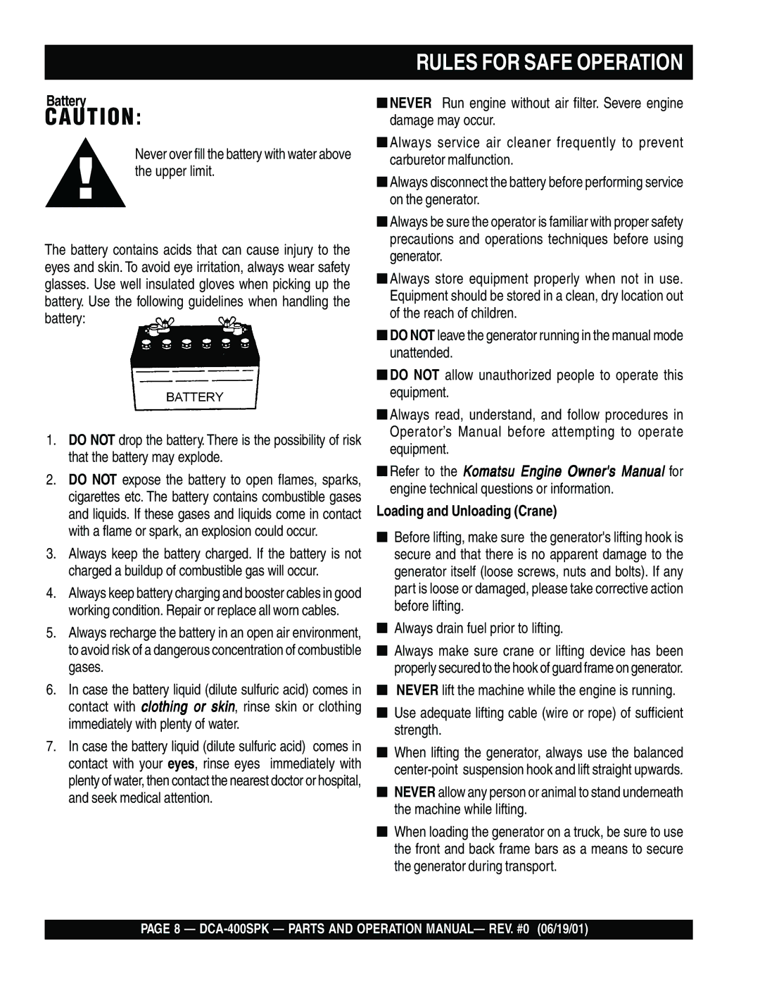 Multiquip DCA-400SPK operation manual Battery, Loading and Unloading Crane 