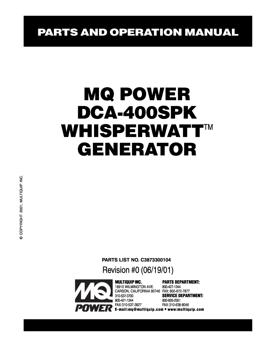 Multiquip operation manual Parts And Operation Manual, MQ POWER DCA-400SPK WHISPERWATTTM GENERATOR, Multiquip Inc 