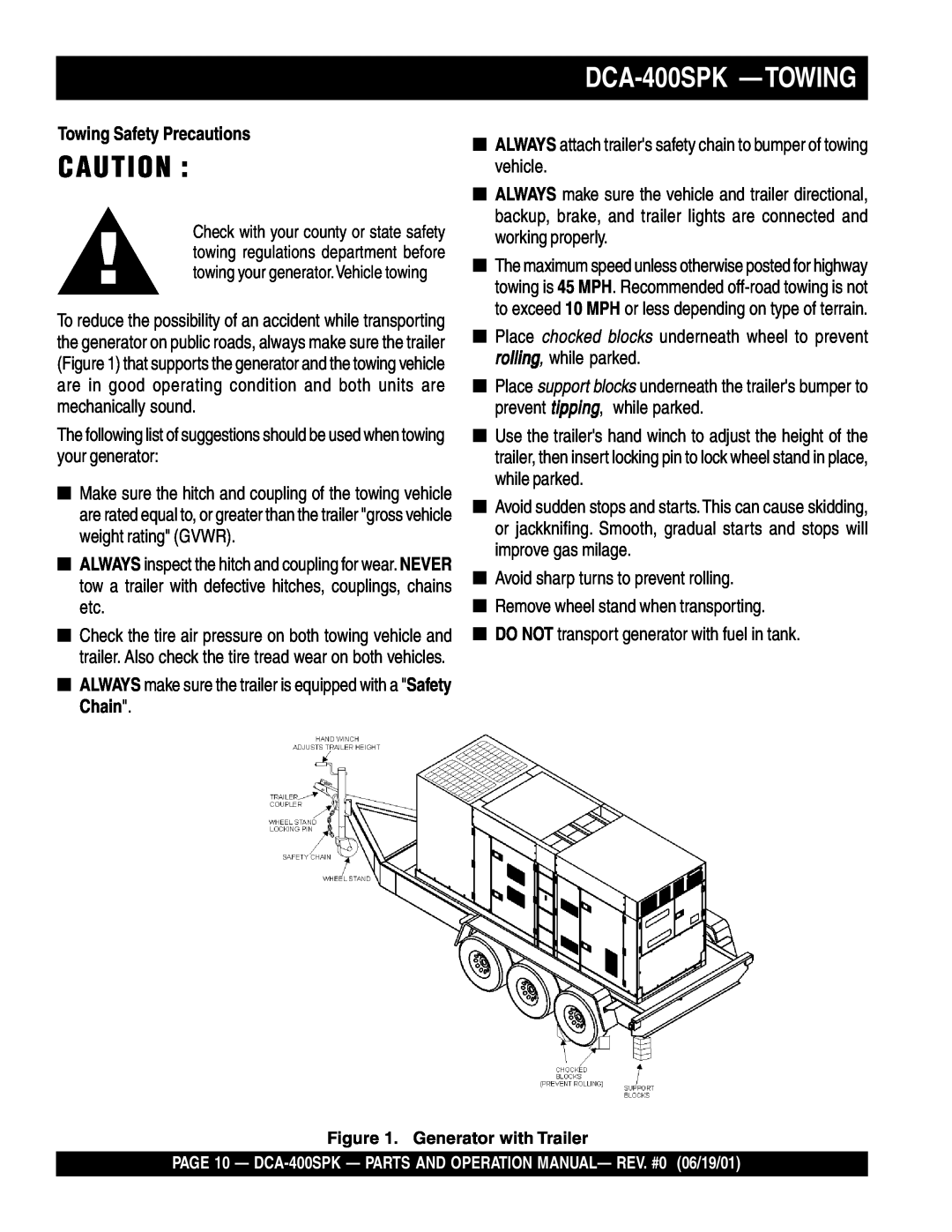 Multiquip operation manual DCA-400SPK —TOWING, Towing Safety Precautions 