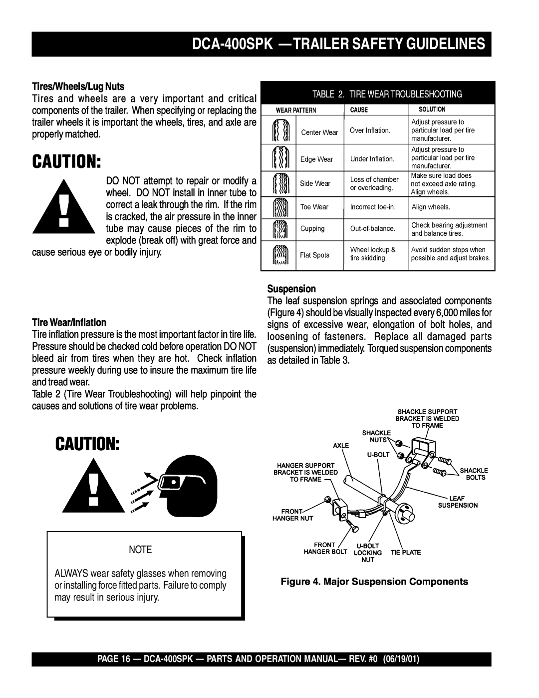 Multiquip operation manual DCA-400SPK —TRAILERSAFETY GUIDELINES, Tires/Wheels/Lug Nuts, Tire Wear/Inflation, Suspension 