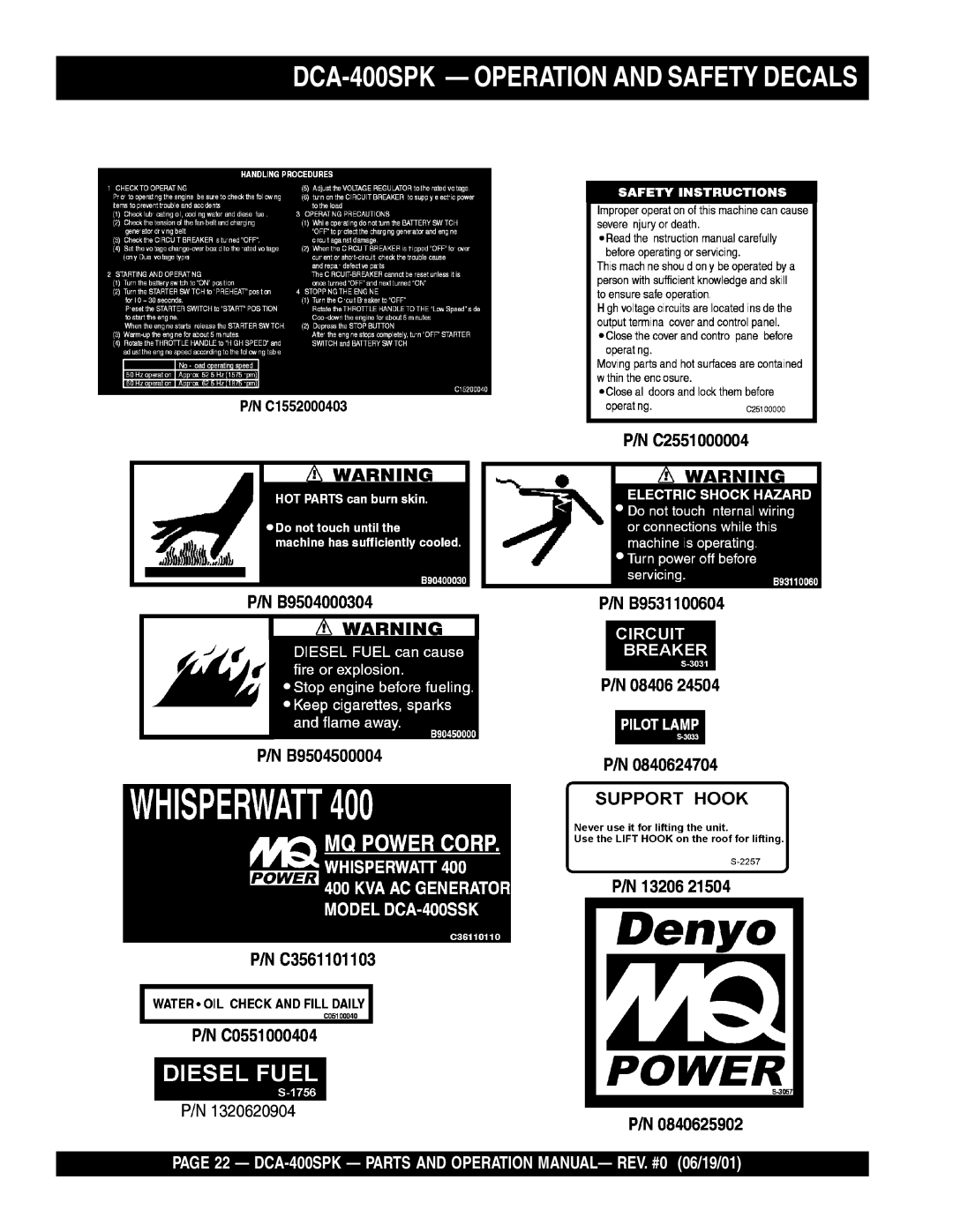 Multiquip operation manual DCA-400SPK— OPERATION AND SAFETY DECALS 
