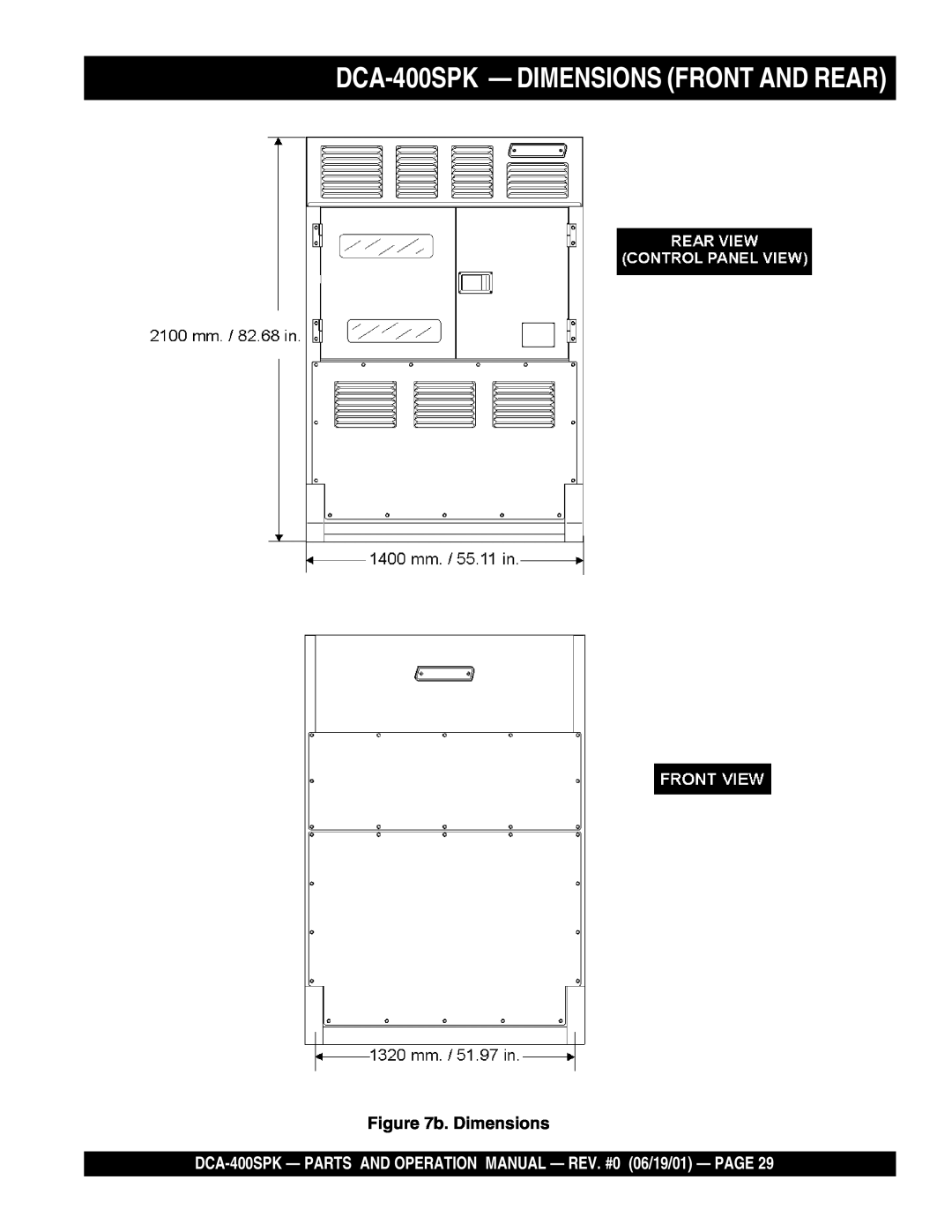 Multiquip operation manual DCA-400SPK— DIMENSIONS FRONT AND REAR, b. Dimensions 