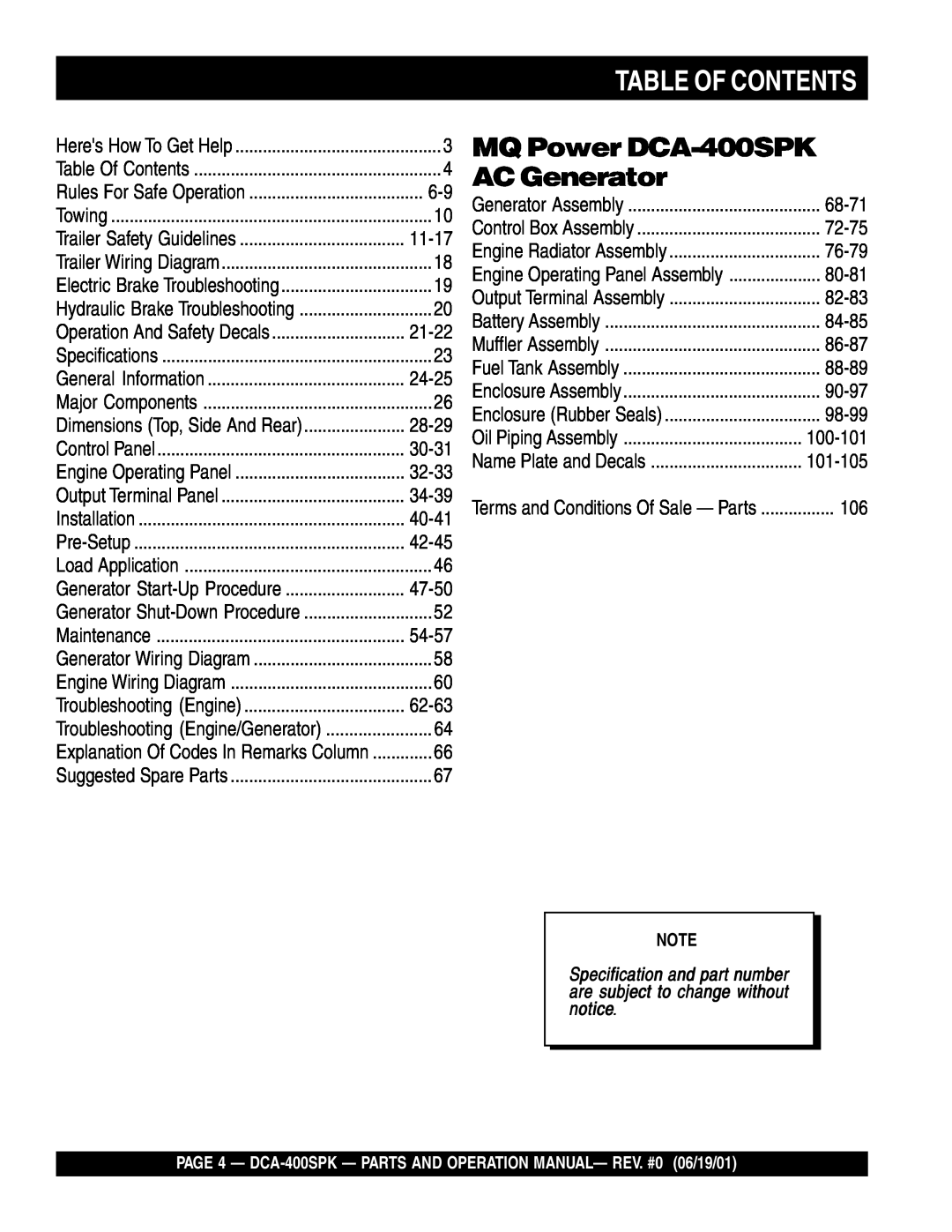 Multiquip operation manual Table Of Contents, MQ Power DCA-400SPKAC Generator 
