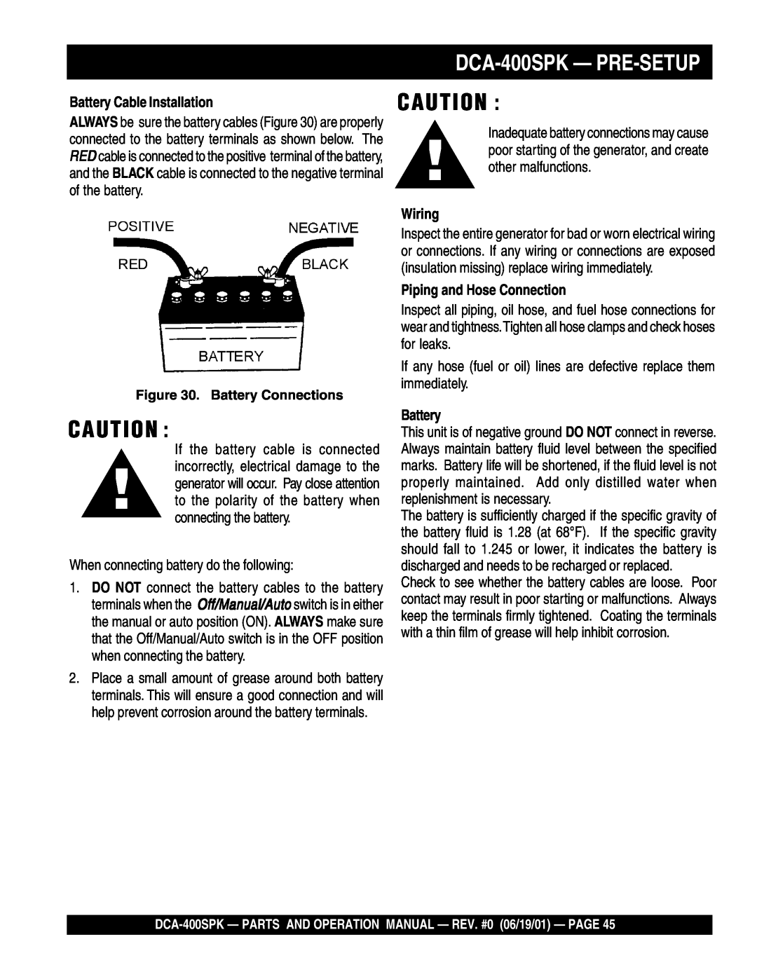 Multiquip operation manual DCA-400SPK- PRE-SETUP, Battery Cable Installation, Wiring, Piping and Hose Connection 