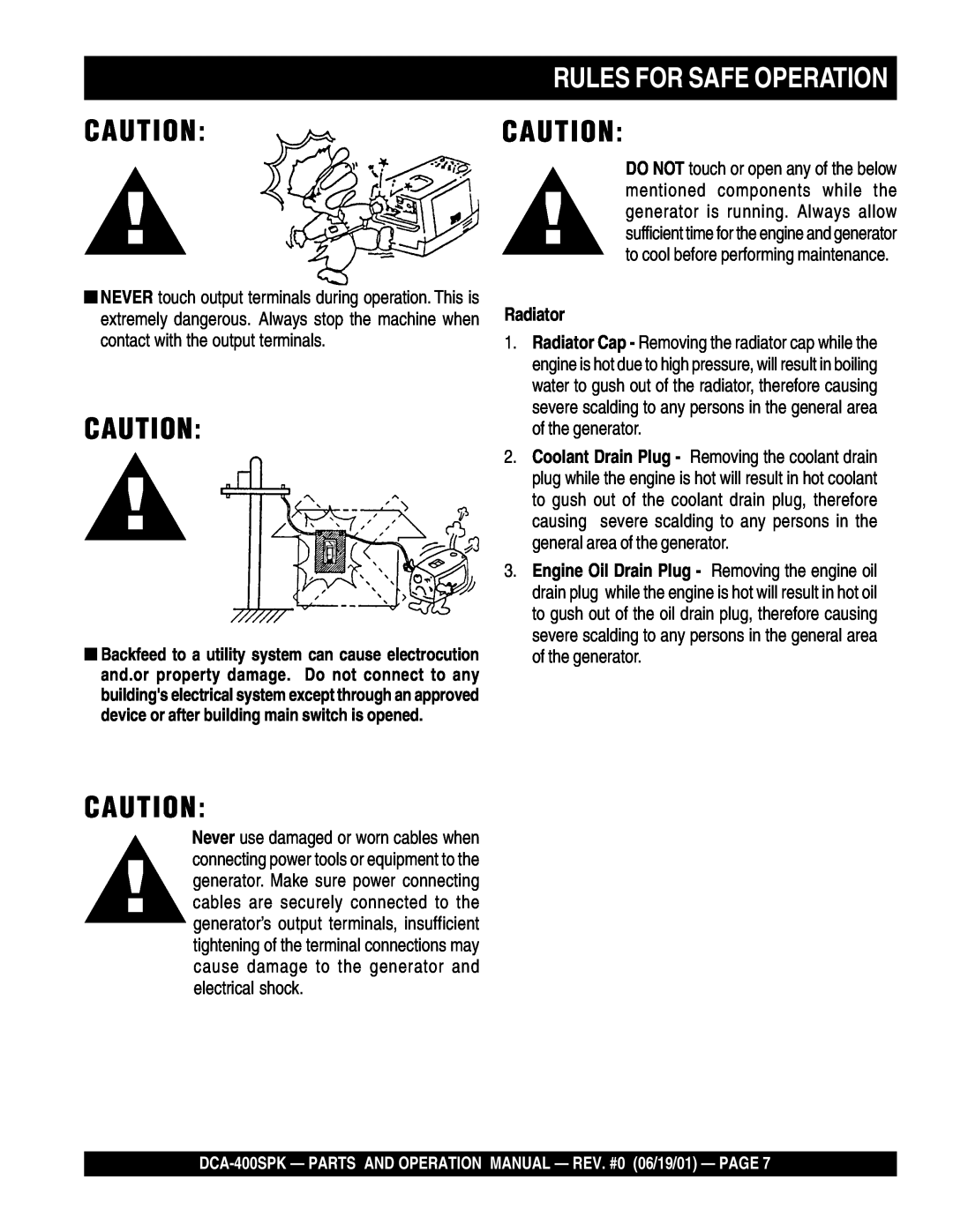 Multiquip DCA-400SPK operation manual Rules For Safe Operation, Caution Caution, Radiator 