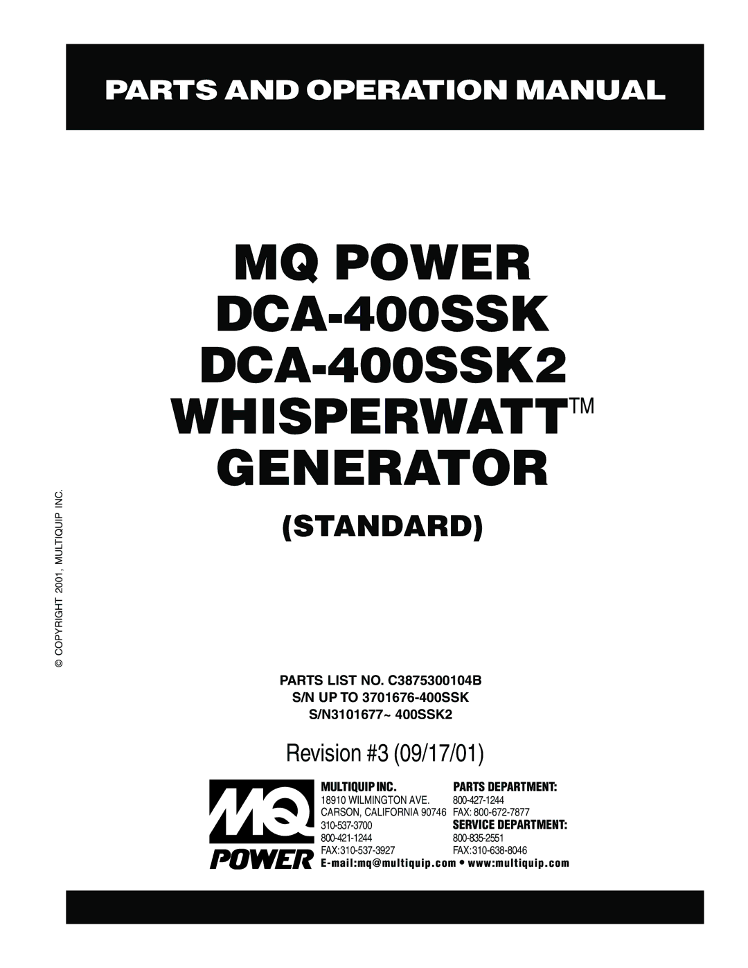 Multiquip operation manual MQ Power DCA-400SSK DCA-400SSK2 Whisperwatttm Generator 