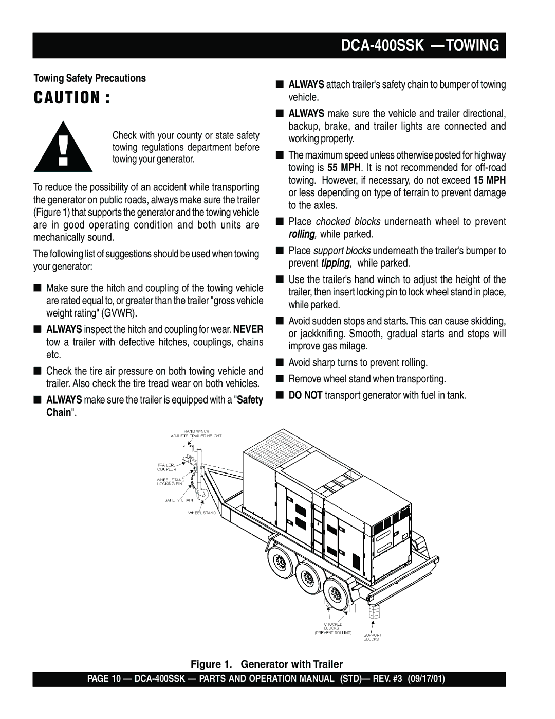 Multiquip operation manual DCA-400SSK -TOWING, Towing Safety Precautions 