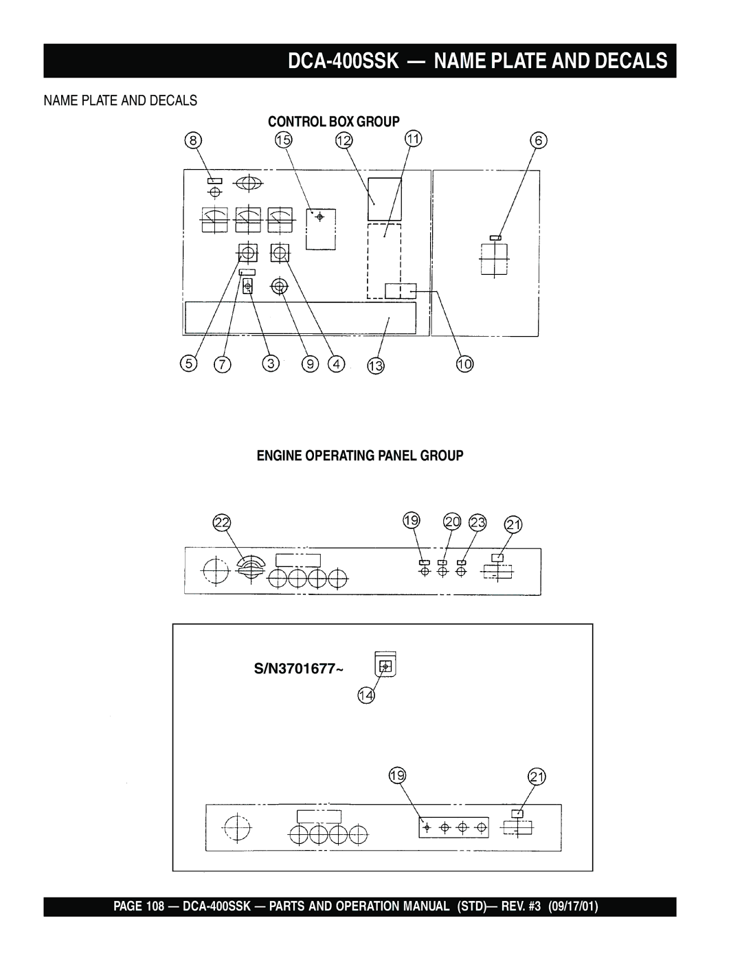 Multiquip operation manual DCA-400SSK Name Plate and Decals, N3701677~ 