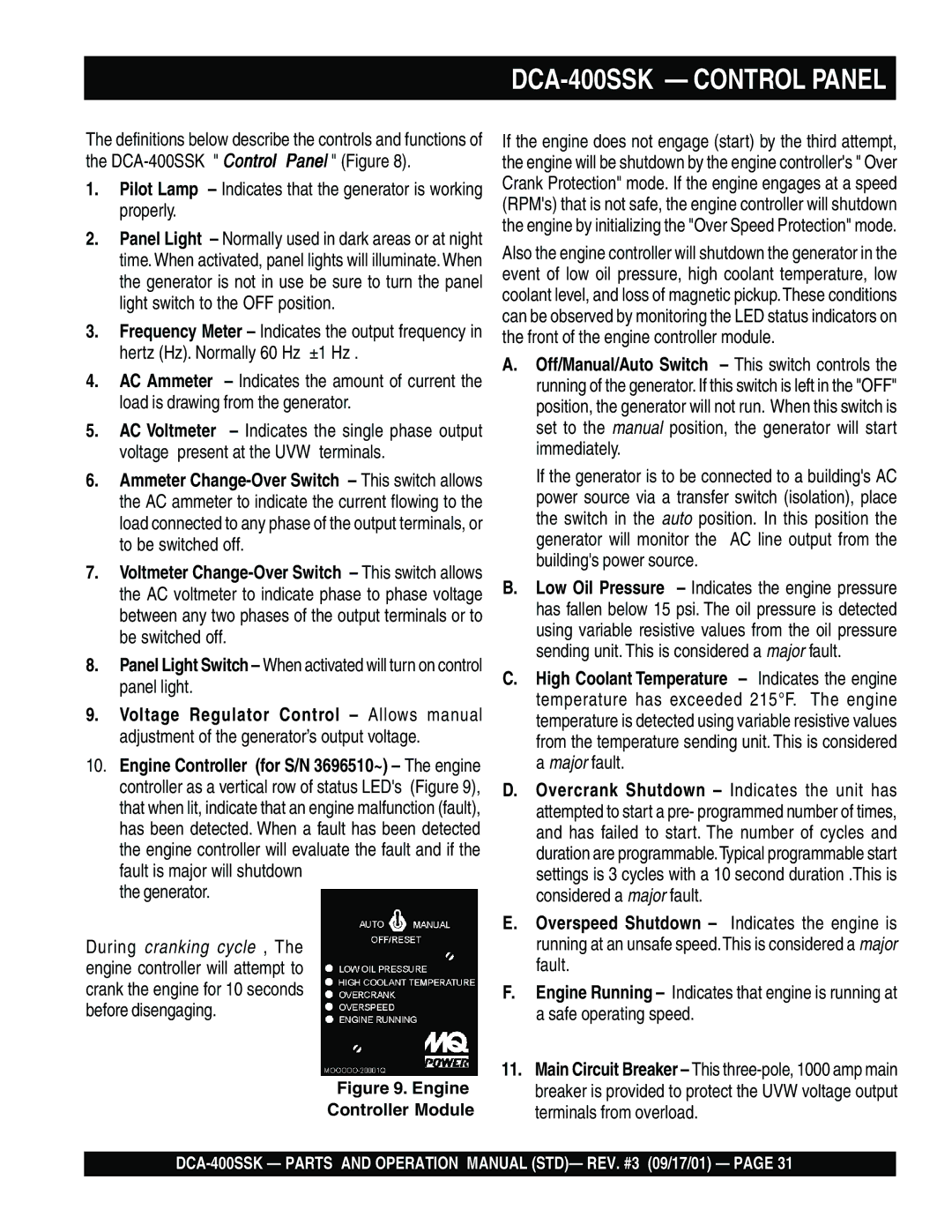 Multiquip operation manual DCA-400SSK Control Panel, Pilot Lamp Indicates that the generator is working properly 